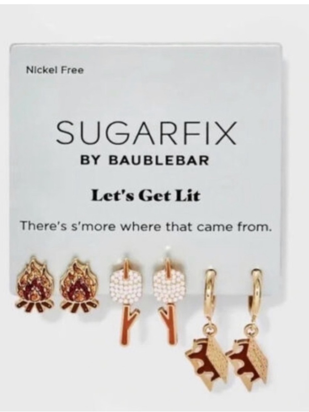 BaubleBar Gold Tone Flame, Marshmallow & S'more Earring Set